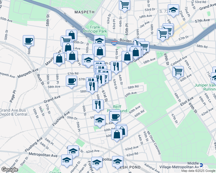 map of restaurants, bars, coffee shops, grocery stores, and more near 58-19 61st Street in Queens