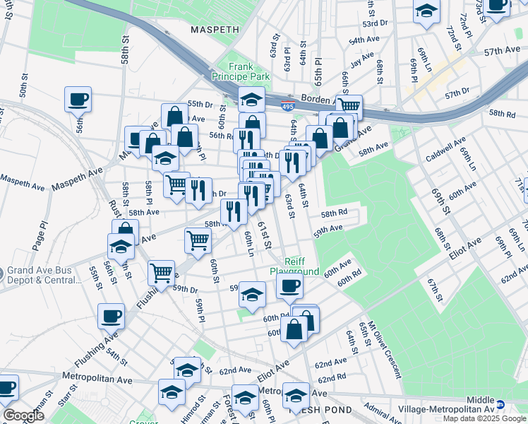 map of restaurants, bars, coffee shops, grocery stores, and more near 58-19 61st Street in Queens