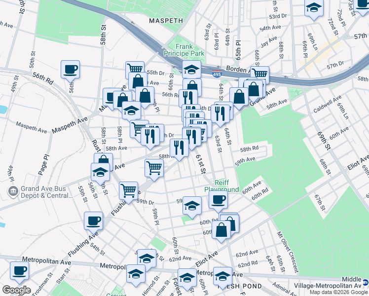 map of restaurants, bars, coffee shops, grocery stores, and more near 60-78 Flushing Avenue in Queens