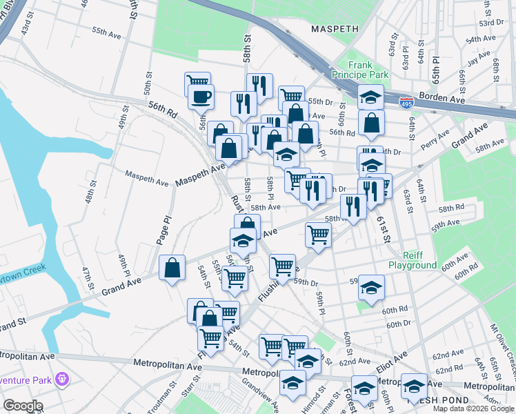 map of restaurants, bars, coffee shops, grocery stores, and more near 58-27 58th Road in Queens