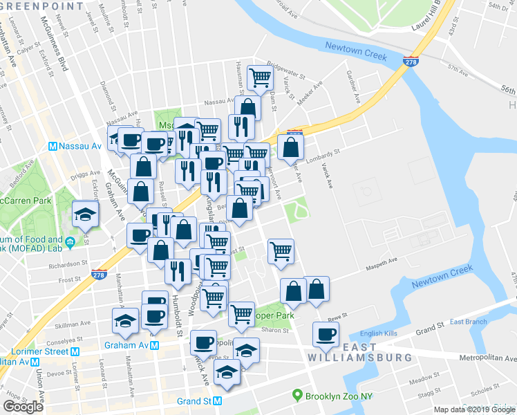 map of restaurants, bars, coffee shops, grocery stores, and more near 470 Morgan Avenue in Brooklyn