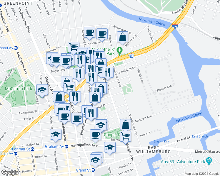 map of restaurants, bars, coffee shops, grocery stores, and more near 470 Morgan Avenue in Brooklyn