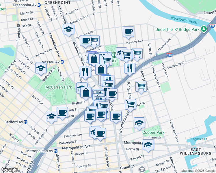 map of restaurants, bars, coffee shops, grocery stores, and more near in Brooklyn