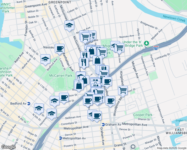 map of restaurants, bars, coffee shops, grocery stores, and more near 167 Bayard Street in Brooklyn