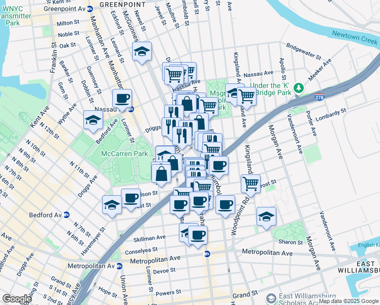 map of restaurants, bars, coffee shops, grocery stores, and more near 167 Bayard Street in Brooklyn