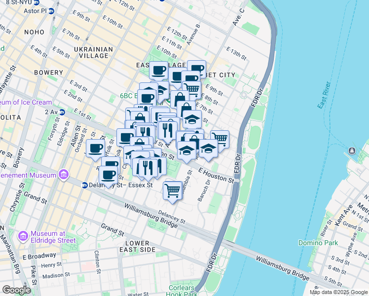 map of restaurants, bars, coffee shops, grocery stores, and more near 274 East 2nd Street in New York
