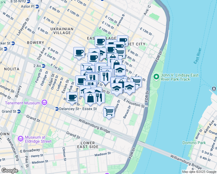 map of restaurants, bars, coffee shops, grocery stores, and more near 274 East 2nd Street in New York