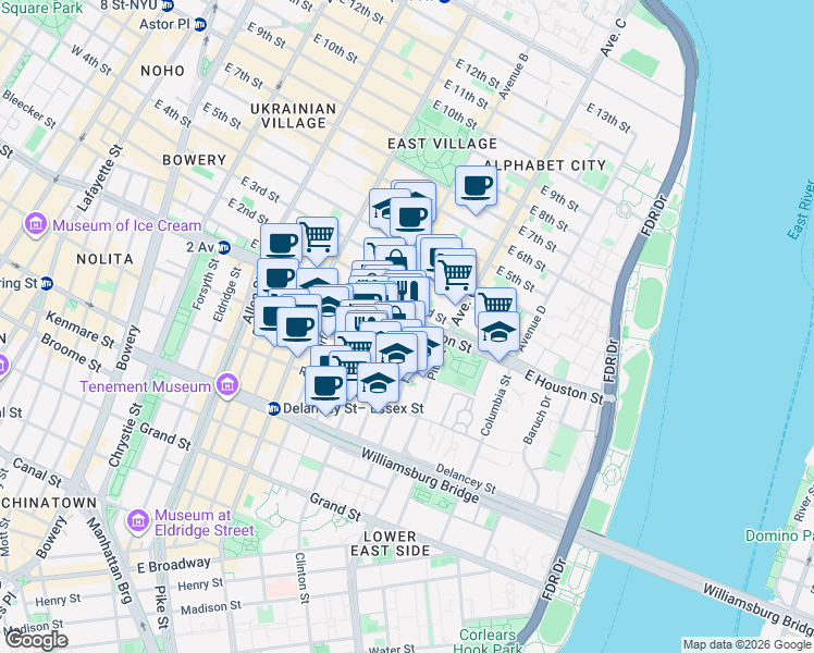 map of restaurants, bars, coffee shops, grocery stores, and more near 162 Attorney Street in New York