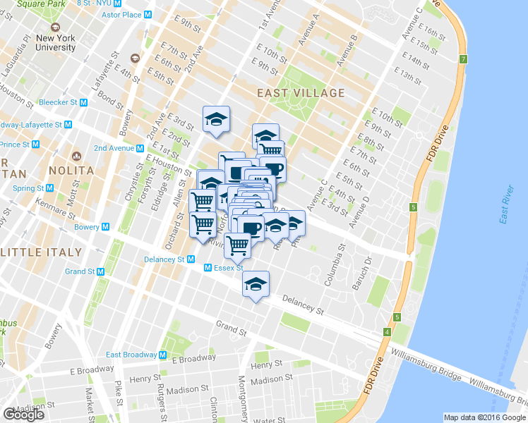 map of restaurants, bars, coffee shops, grocery stores, and more near 25 Clinton Street in New York