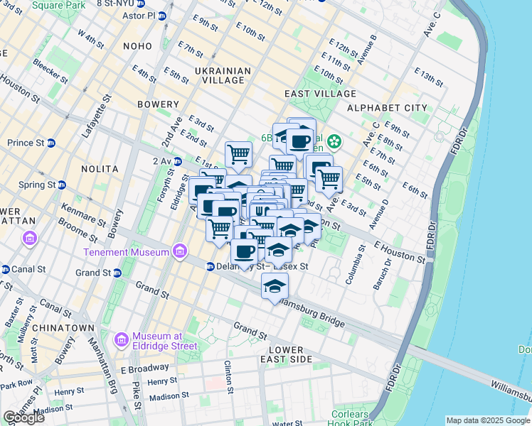 map of restaurants, bars, coffee shops, grocery stores, and more near 25 Clinton Street in New York