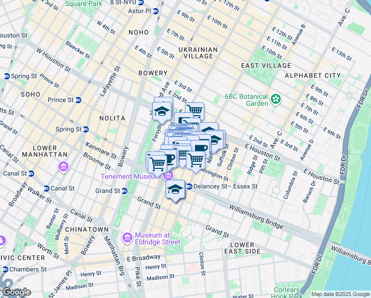 map of restaurants, bars, coffee shops, grocery stores, and more near 143 Ludlow Street in New York