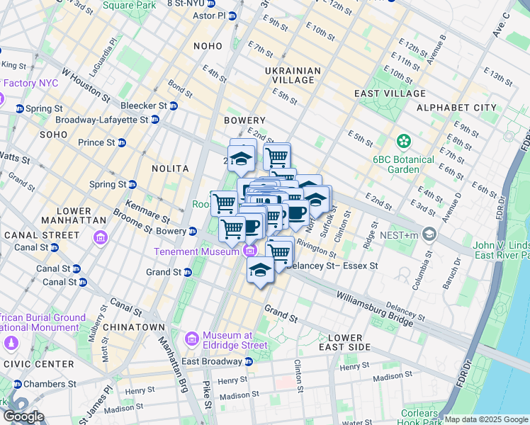 map of restaurants, bars, coffee shops, grocery stores, and more near 143 Ludlow Street in New York