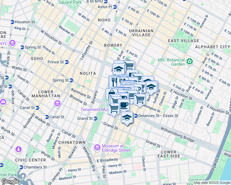 map of restaurants, bars, coffee shops, grocery stores, and more near 184 Eldridge Street in New York