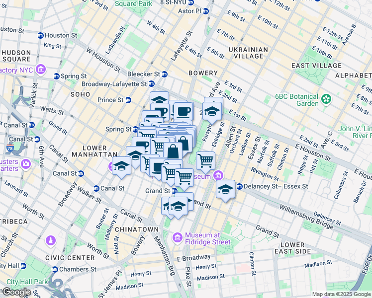 map of restaurants, bars, coffee shops, grocery stores, and more near 5 Rivington Street in New York