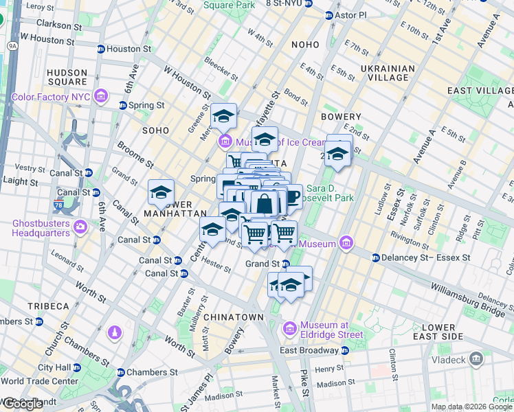map of restaurants, bars, coffee shops, grocery stores, and more near 146 Elizabeth Street in New York