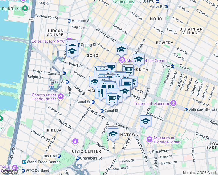 map of restaurants, bars, coffee shops, grocery stores, and more near 138 Grand Street in New York