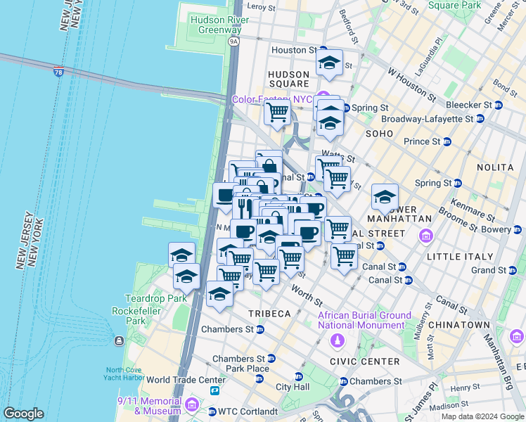 map of restaurants, bars, coffee shops, grocery stores, and more near 129w Hudson Street in New York