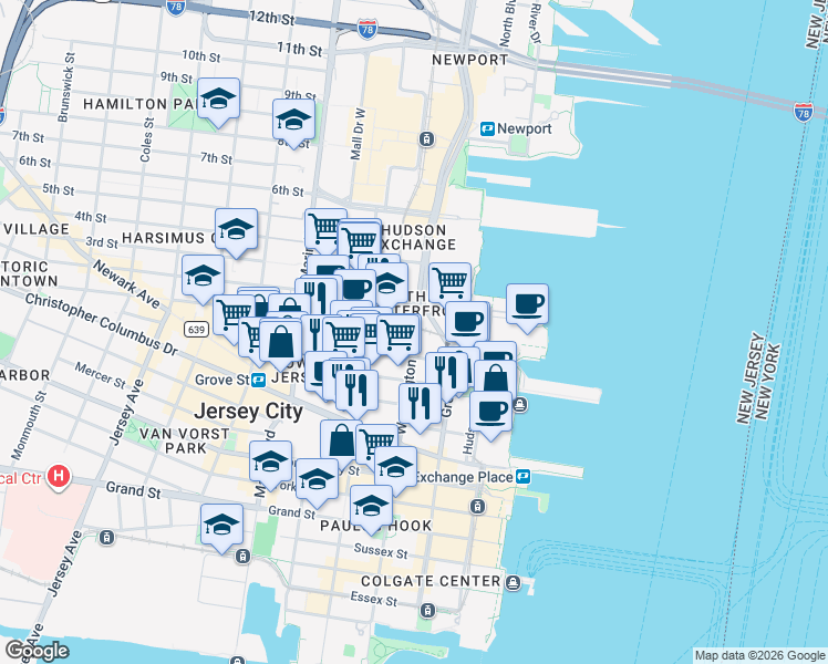 map of restaurants, bars, coffee shops, grocery stores, and more near 80026 Bay Street in Jersey City