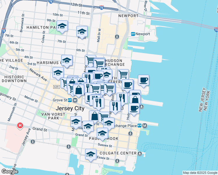map of restaurants, bars, coffee shops, grocery stores, and more near 80026 Bay Street in Jersey City