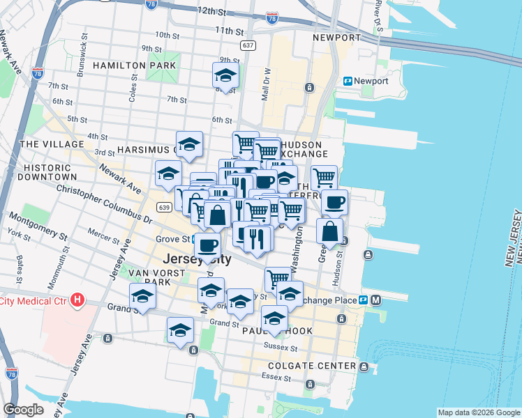 map of restaurants, bars, coffee shops, grocery stores, and more near 124 Bay Street in Jersey City