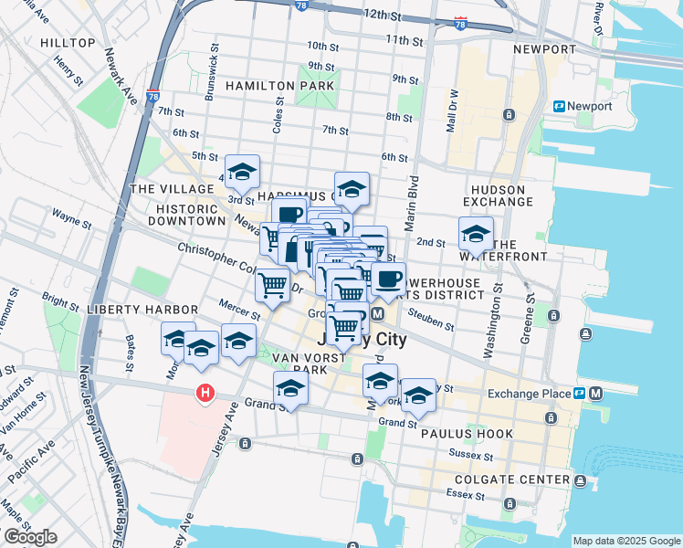map of restaurants, bars, coffee shops, grocery stores, and more near 246 Bay Street in Jersey City