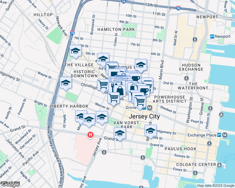 map of restaurants, bars, coffee shops, grocery stores, and more near 524 Jersey Avenue in Jersey City