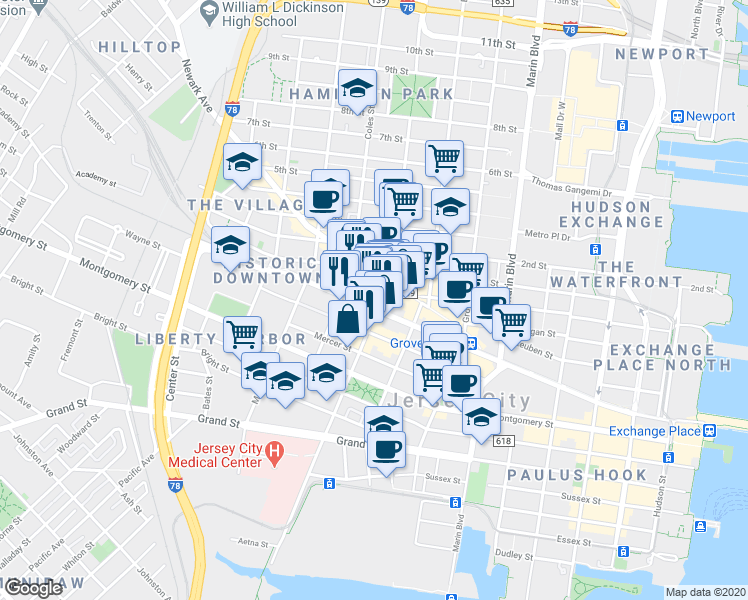 map of restaurants, bars, coffee shops, grocery stores, and more near 116 Wayne Street in Jersey City
