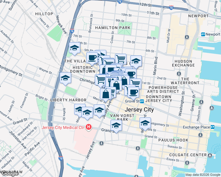 map of restaurants, bars, coffee shops, grocery stores, and more near 116 Wayne Street in Jersey City