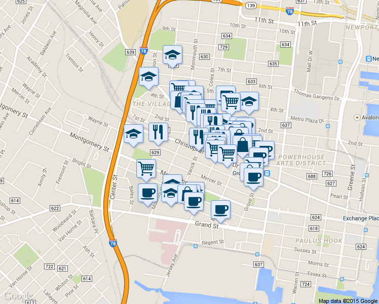 map of restaurants, bars, coffee shops, grocery stores, and more near 153-139 Wayne Street in Jersey City