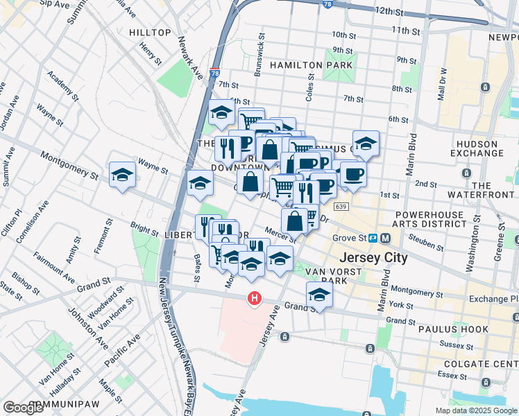 map of restaurants, bars, coffee shops, grocery stores, and more near 329a Monmouth Street in Jersey City