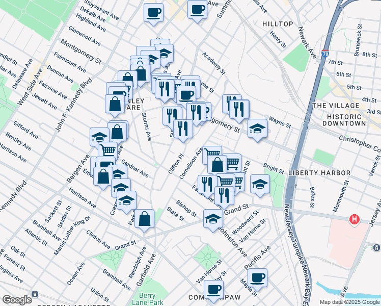 map of restaurants, bars, coffee shops, grocery stores, and more near 128 Cornelison Avenue in Jersey City