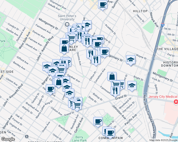 map of restaurants, bars, coffee shops, grocery stores, and more near 75A Clifton Place in Jersey City