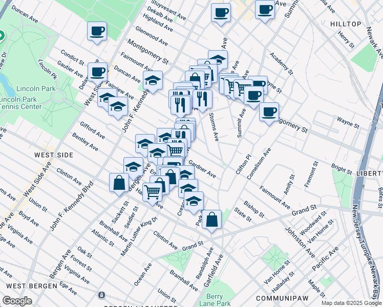 map of restaurants, bars, coffee shops, grocery stores, and more near 73 Gardner Avenue in Jersey City