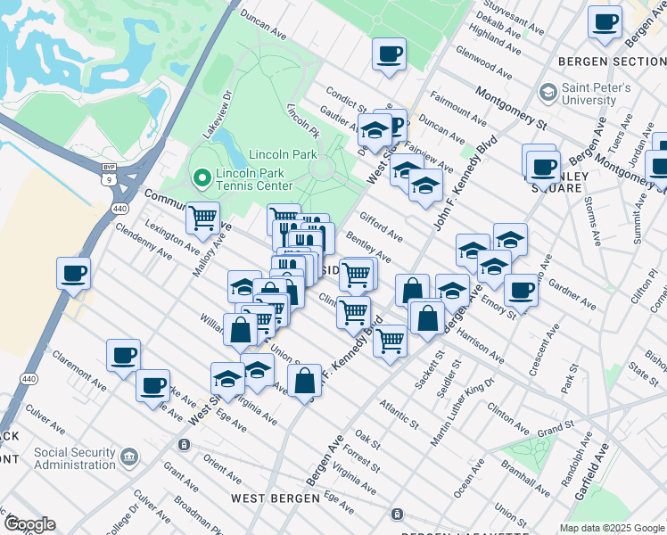 map of restaurants, bars, coffee shops, grocery stores, and more near 785 Communipaw Avenue in Jersey City