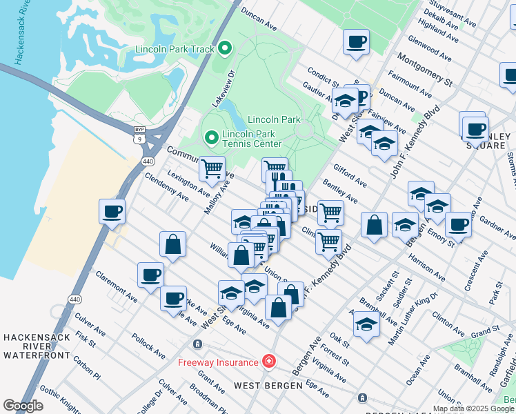 map of restaurants, bars, coffee shops, grocery stores, and more near 37 Roosevelt Avenue in Jersey City