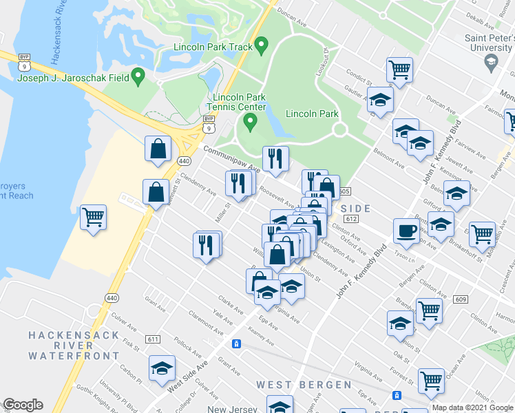 map of restaurants, bars, coffee shops, grocery stores, and more near 213 Clendenny Avenue in Jersey City