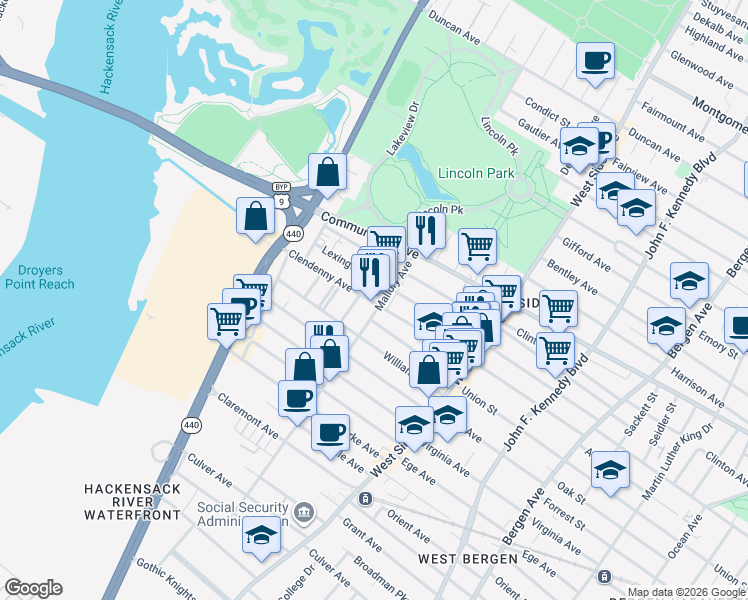 map of restaurants, bars, coffee shops, grocery stores, and more near 238 Clendenny Avenue in Jersey City