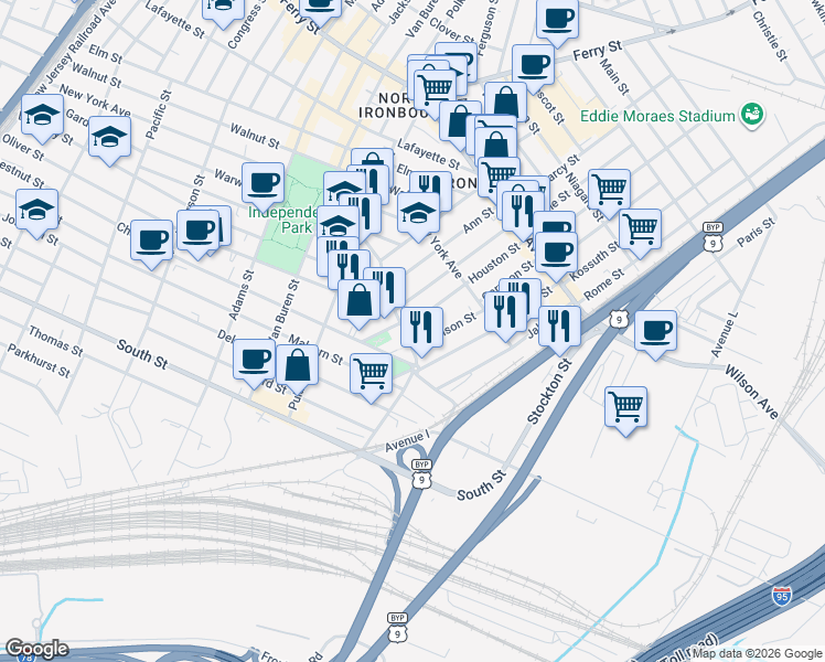 map of restaurants, bars, coffee shops, grocery stores, and more near 15 Garrison Street in Newark