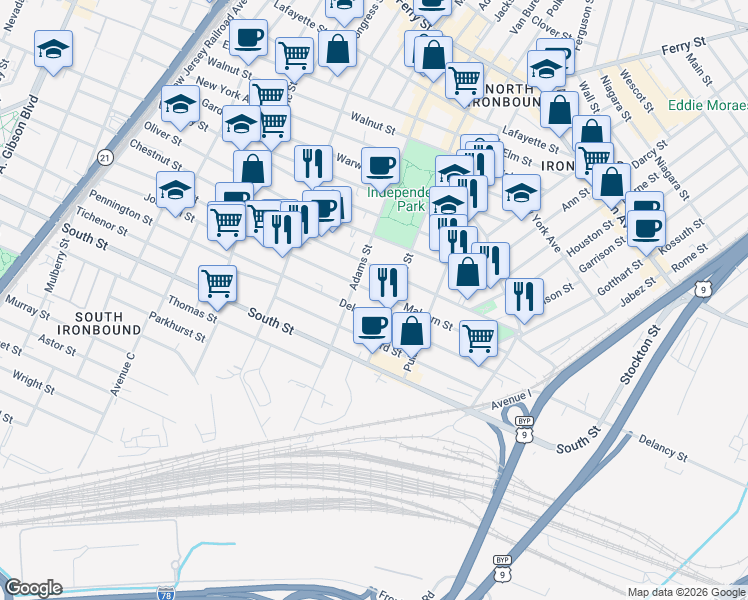 map of restaurants, bars, coffee shops, grocery stores, and more near 148 Delancy Street in Newark