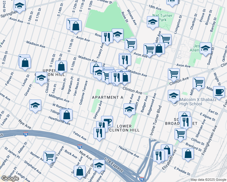 map of restaurants, bars, coffee shops, grocery stores, and more near 686 Bergen Street in Newark