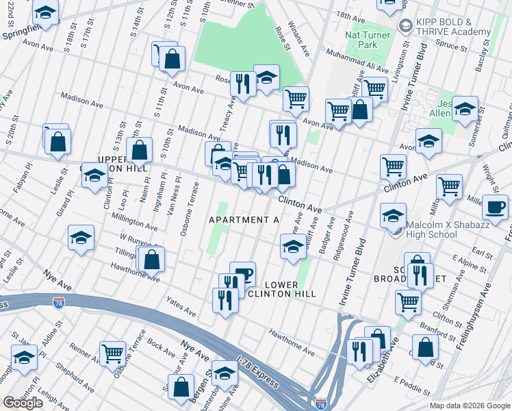map of restaurants, bars, coffee shops, grocery stores, and more near 686 Bergen Street in Newark