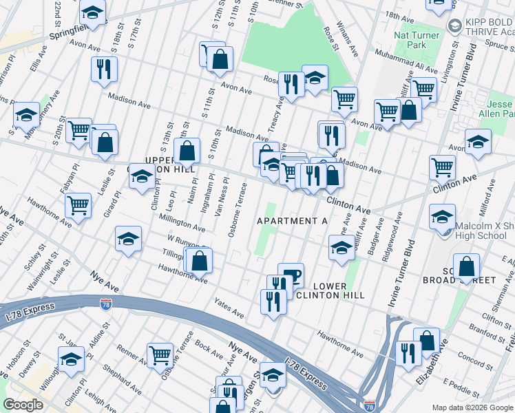 map of restaurants, bars, coffee shops, grocery stores, and more near 534-544 Clinton Avenue in Newark