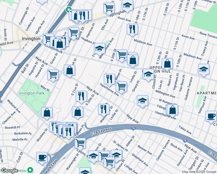 map of restaurants, bars, coffee shops, grocery stores, and more near 554 Hawthorne Avenue in Newark