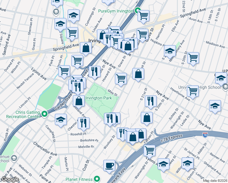 map of restaurants, bars, coffee shops, grocery stores, and more near 3 May Street in Irvington