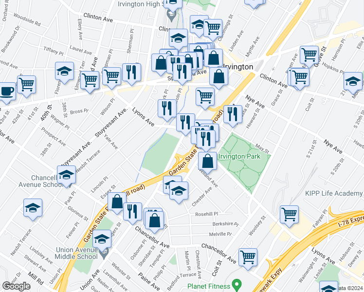 map of restaurants, bars, coffee shops, grocery stores, and more near 26 Denman Place in Irvington