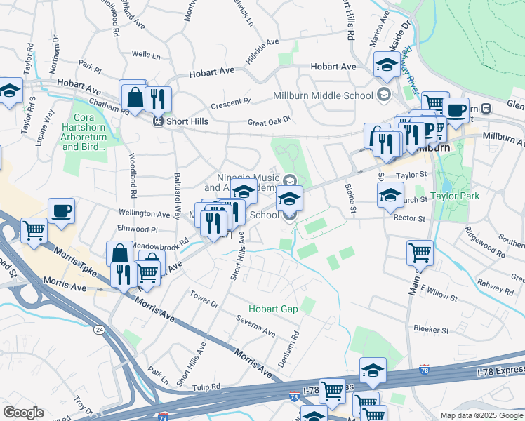 map of restaurants, bars, coffee shops, grocery stores, and more near 494 Woodstone Circle in Millburn