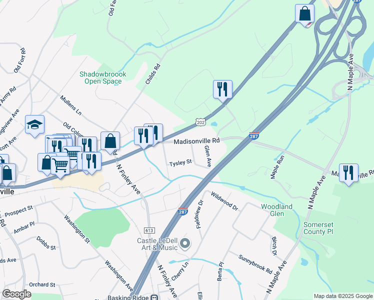 map of restaurants, bars, coffee shops, grocery stores, and more near 10 Tysley Street in Basking Ridge
