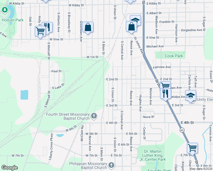 map of restaurants, bars, coffee shops, grocery stores, and more near 1129 South Main Street in Lima