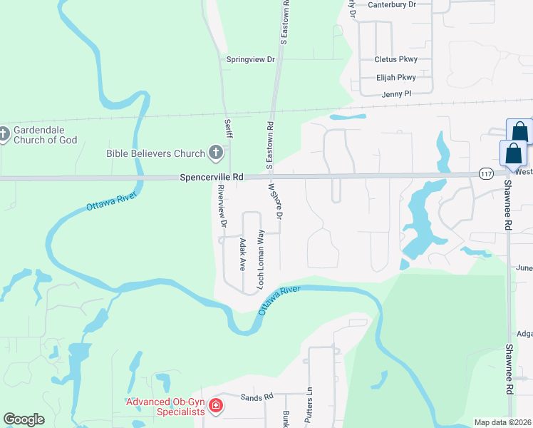 map of restaurants, bars, coffee shops, grocery stores, and more near 1323 Loch Loman Way in Lima