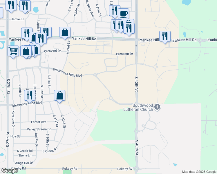 map of restaurants, bars, coffee shops, grocery stores, and more near 9025 South 40th Street in Lincoln